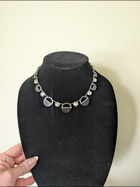 White House Black Market Nwt Silvertone Black Disc Necklace with Crystal Accents